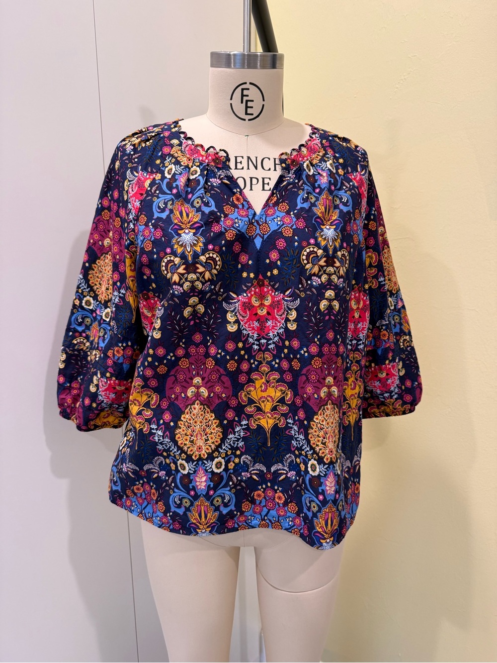 Talbots Boho Floral Peasant Top - Navy Multicolor